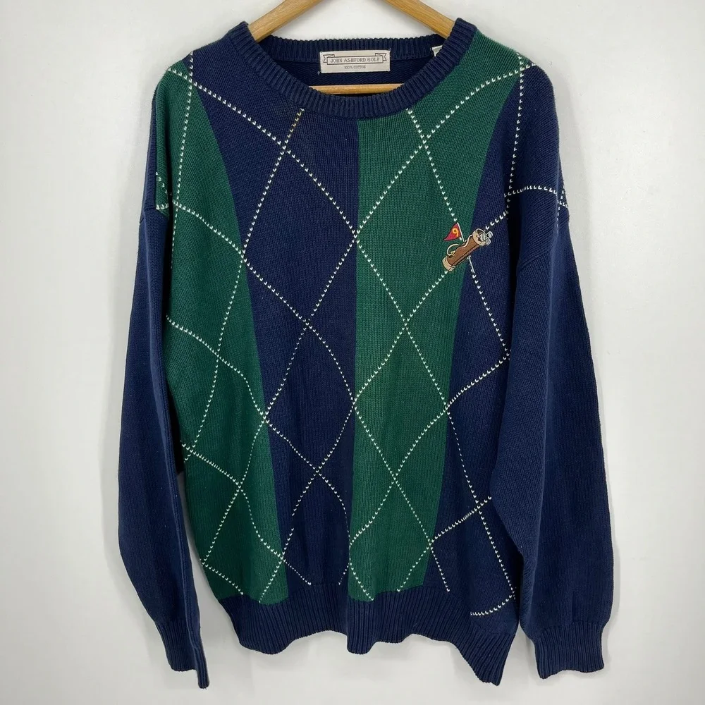 John Ashford Golf Mens XL Argyle Cotton Knit Sweater Navy Green Golf Bag Logo